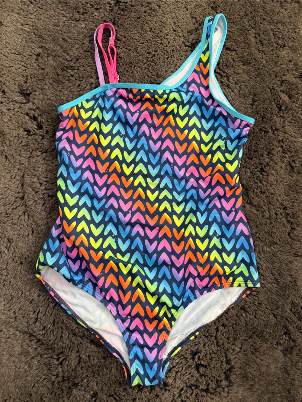 Neon  Rainbow Heart Print One-Piece Swimsuit  Size L 14/16